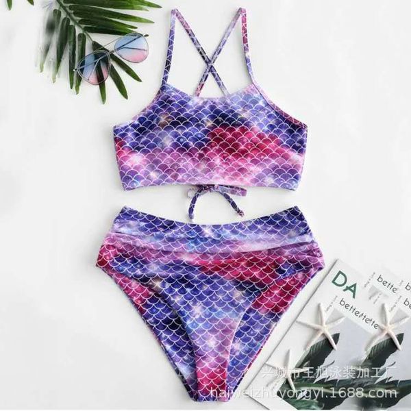 

women's swimwear 2021 high waist strap printed split bikini swimsuit, White;black