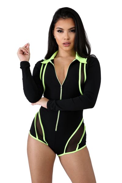 

anjamanor мода one piece эпикировка неоновый зеленый mesh срощенной sexy rompers женщин плюс размер легкий костюм с шортами женщины комбинез, Black;pink