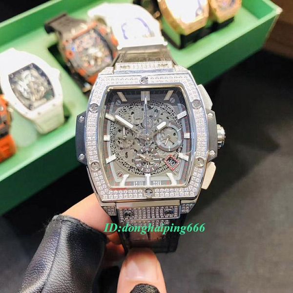 

high version 601.nx.0173.lr.1704 skeleton date dial diamond case japan vk quartz chronograph sapphire mens watch leather strap sport watches, Slivery;brown