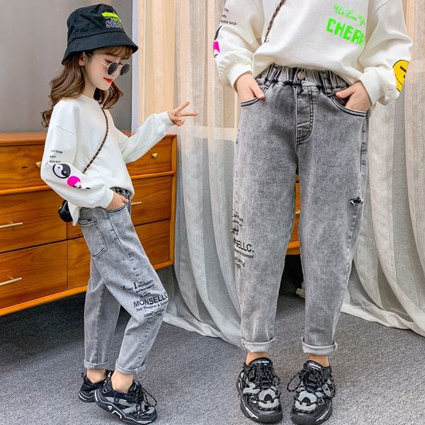 

ncbu7 girlsspring осень рваной 2020 новых средних больших ребенок модных брюк джинсы и jeanstrousers и jeanskorean стиль дымчато-серые, Blue