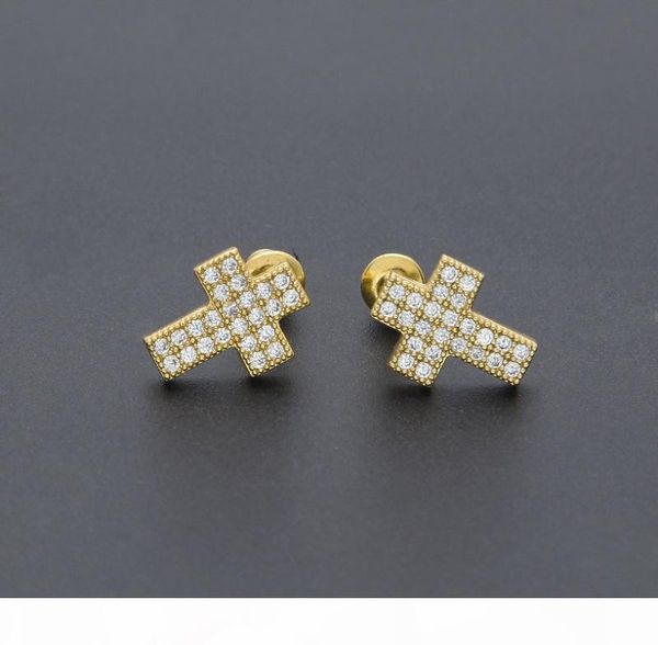 

mens hip hop stud earrings jewelry fashion gold silver zircon cross earrings for men, Golden;silver
