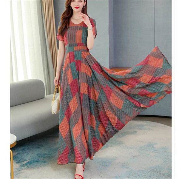 

casual dresses 2021 korean summer style o-neck ladies chiffon printing short-sleeved temperament waist was thin dress women, Black;gray