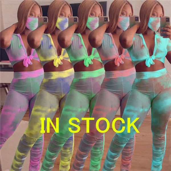 

3шт / устанавливает tie-краситель для печати женщины tracksuit sexy bow crop топы рубашка + гофрированные брюки нарядах с маска для лица 3 ш, White