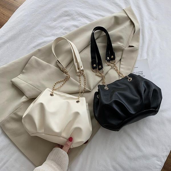 

casual pleated crossbody bag pu women chain small bucket shoulder handbag solid ladies small messenger handbag female gift 2020