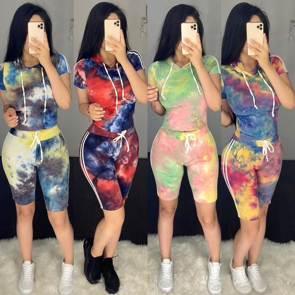 

tie dye двухкусочный набор женщин летняя одежда с капюшоном лучшие байкер шорты спортивные костюмы костюмы для женщин matching set бег femme, Gray