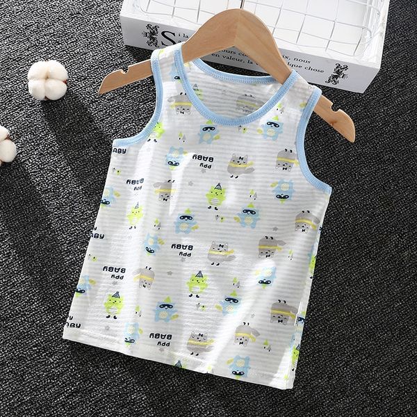 

baby vest children's clothing vest boys' and girls' jacquard cotton short-sleeved cotton single home clothes children's, Blue
