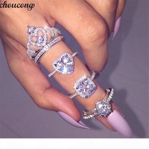 

vecalon heart crown ring 5a zircon stone 925 sterling silver promise engagement wedding band rings for women finger jewelry, Slivery;golden