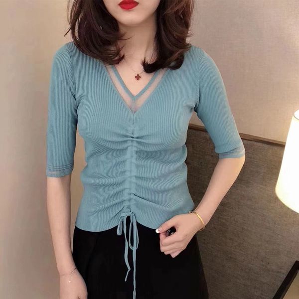 

ice silk 2020 new tight knitwear knitwear lace heart short sleeve drawstring seven-quarter sleeve inside and outside, White;black