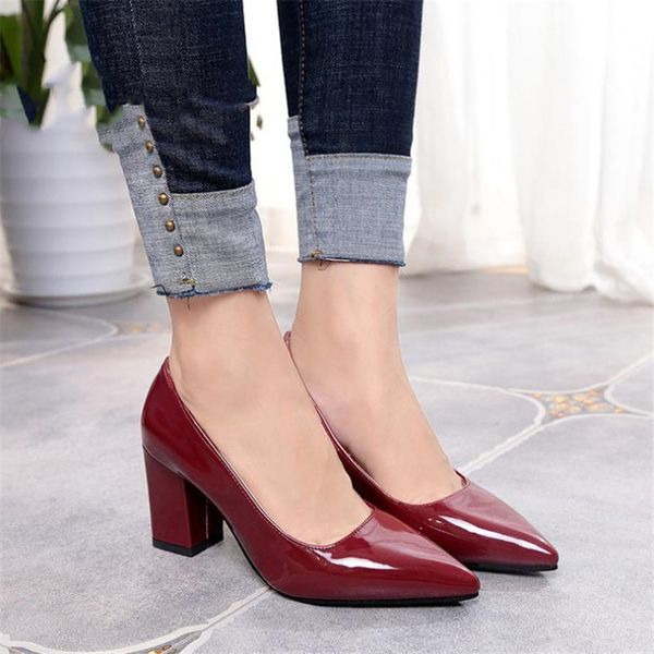 

2020 new women pumps black high heels 7.5cm lady patent leather thick with autumn pointed single shoes female sandals big 33-43