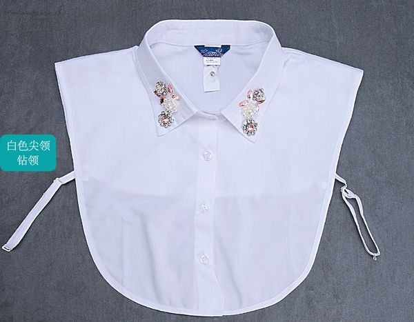 

2020 cute style fashion choker neck lapel beaded ladies blouse collier femme solid cotton fake collar, White
