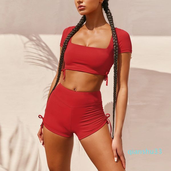 

wholesale-sportswear yoga set sport suit women fitness clothing vest drawstring pants 2-piece suit yoga workout clothes for women, White;red
