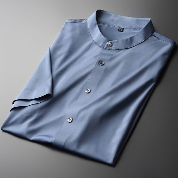 

new stand collar mens shirts luxury solid color short sleeve mens dress shirts summer pique fabric slim fit male 4xl, White;black