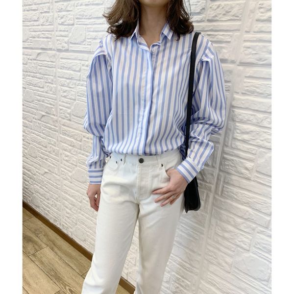 

women's lantern sleeves striped blouse and shirt casual ladies early autumn long sleeve top, White