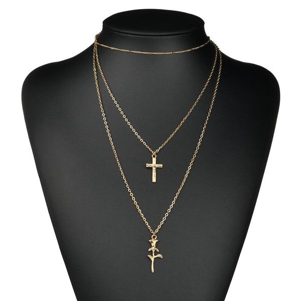 

rose flower cross pendant necklace multilayer choker clavicle chain necklace for women girl confirmation gift jewelry, Silver