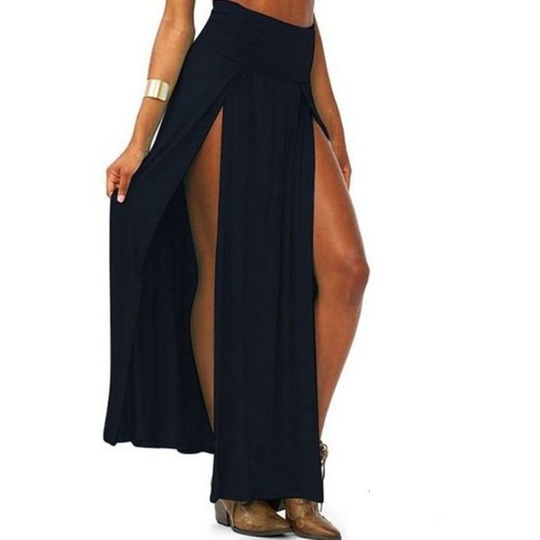 

womens high waist double slit front open knit maxi long skirt solid color pleated hem beach bikini cover up, Black
