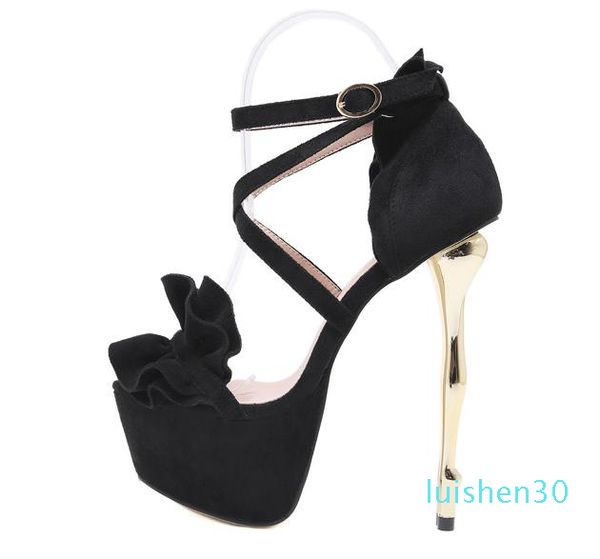 

spring 2020 black ruffles cross strappy platform ultra high heel 16cm strange heels designer pumps fashion luxury designer women shoes l30