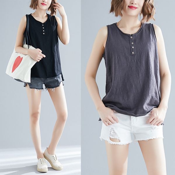 

literature and art 2020 summer casual hemp coat t- cotton vest women's cotton t-shirt loose sleeveless inner base shirt, Camo