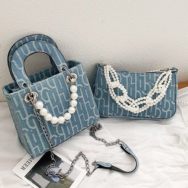 

2020 summer new ladies denim pearl chain crossbody bag handbag underarm bag