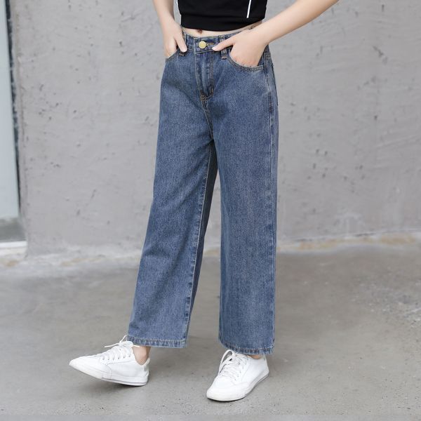 

2020 new medium and large children's loose jeans wide wide leg wide-leg pants slimming and slimming girls' jeans straight pants, Blue