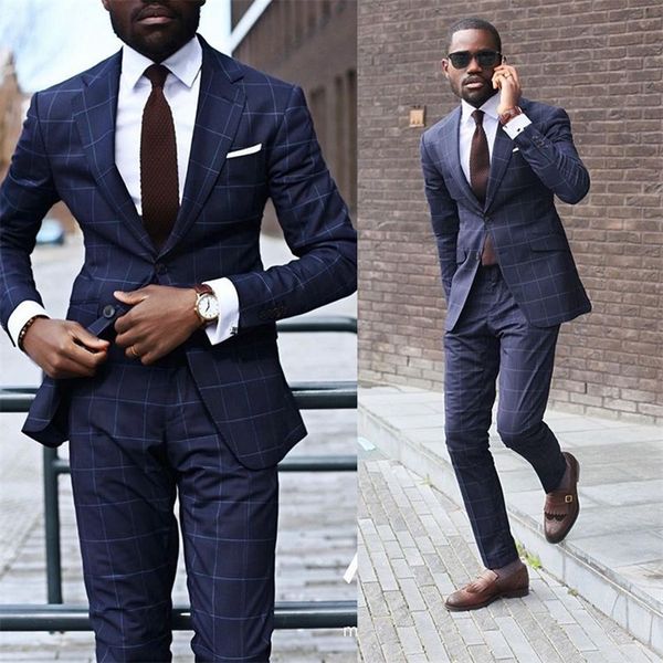 

2-piece navy plaid formal groom suit peaked lapel blazer suits tuxedos custom made two button business men suits, Black;gray