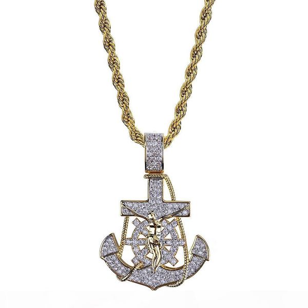 

r 2020 gold plated iced out cublic zirconia vintage anchor pendant necklace twist chain 2 colors hip hop punkrock jewelry gifts for guy, Silver