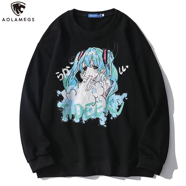 

aolamegs harajuku sweatshirt men japanese cartoon girl printing pullover autumn o-neck hip hop oversize hoodies streetwear, Black