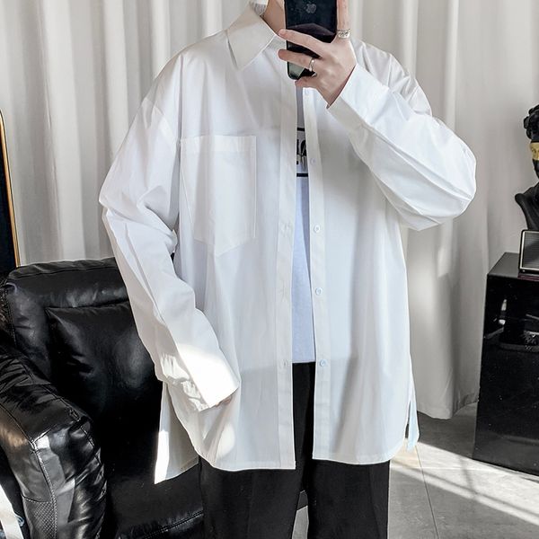 

men shirts long sleeve 2020 designer solid white shirts with pockets loose fit dress camisas masculinas button down shirt, White;black