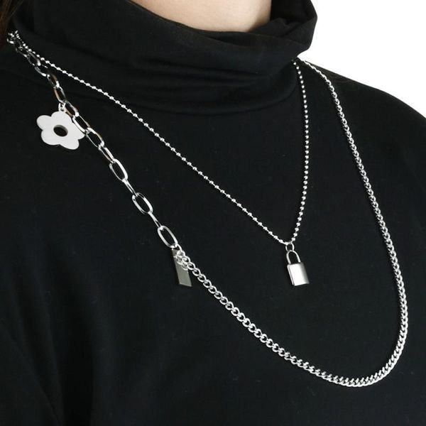 

girls gothic padlock neckless punk lock floral pendants necklaces for women fashion layer long chains jewelry collier gift nc202, Silver