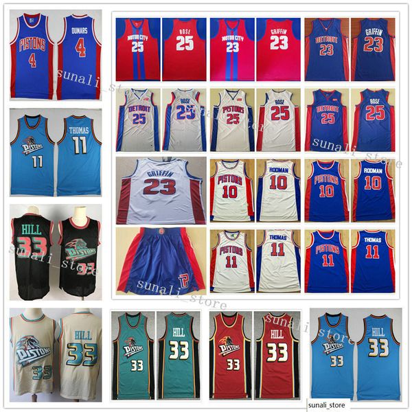

sewed men dennis rodman 10 isiah thomas 11 blake griffin 23 derrick rose 25 grant hill 33 jersey basketball shirts, Black;red