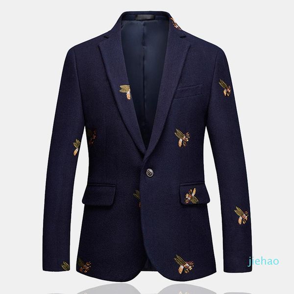 Moda- Mens One Button Blazer Bee Bordados casamento inteligente Casual Slim Fit Jacket alta qualidade Big Size 6XL Azul marinho Roupas Masculino