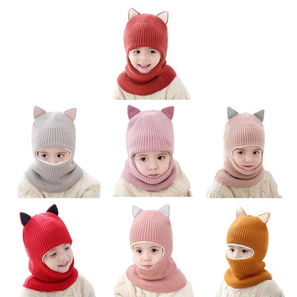 

winter children hats knitted baby girls and boys hat with warm fleece lining cute cat ears hats for kids, Yellow