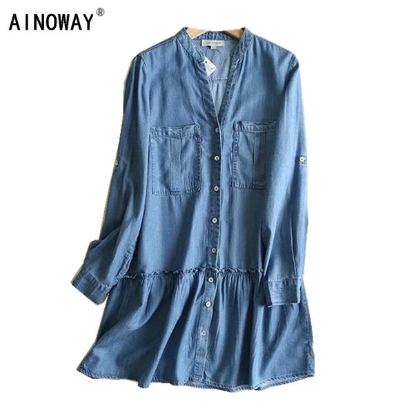 

vintage chic women double pockets beach bohemian loose mini dress ladies summer ruffles v-neck denim boho dress vestidos, Black;gray