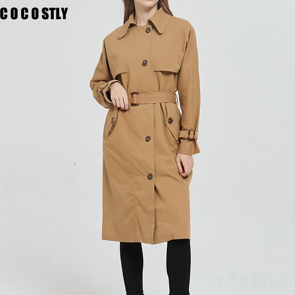 

windbreaker female 2020 autumn trench coat for women casual loose lapel single breasted belt pocket windbreaker long coat, Tan;black
