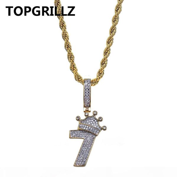 

rillz shiny crown number 7 necklace & pendant charms for men copper gold color cubic zircon necklace hip hop jewelry gifts, Silver