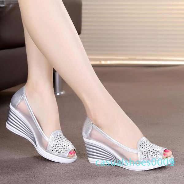 

2019 womens wedges shoes peep toe high heels summer mesh shoes lady aa0211 sandals for women c09 c01, Black