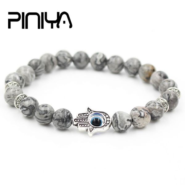 

antique silver color hand of fatima hamsa charm bracelet mala marble stone bead evil eye elastic bracelet for men & women gift, Red;blue