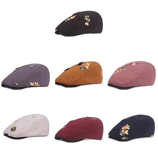 

national style retro disc buckle cap chinese style ethnic cap ladies flower beret cotton and linen female hat, Black