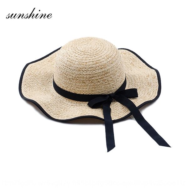 

new bow natural lafite black edge wave brim lafite straw hat beach travel straw hat, Blue;gray