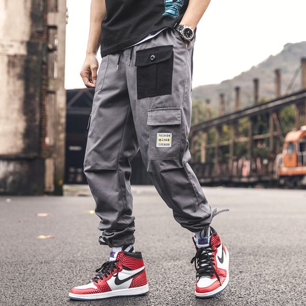 

men's pants autumn hip hop joggers men oversize overalls multi-pocket ribbons man sweatpants streetwear breathable mens casual, Black