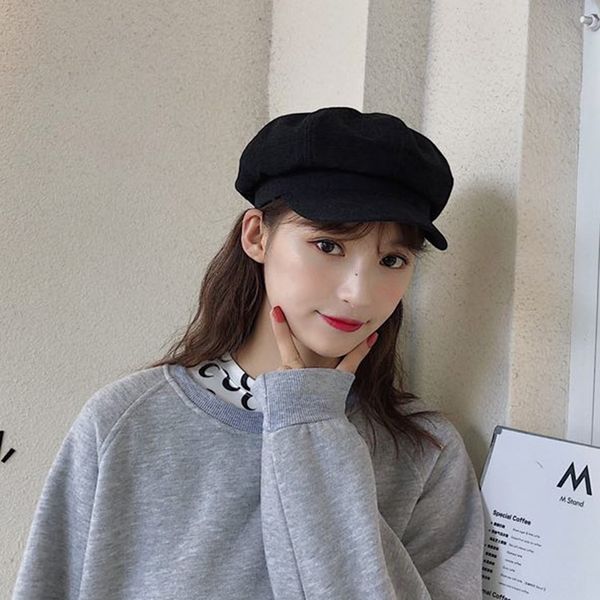 

autumn women's korean style all-match sweet cute fashion dotted beret octagonal hat british women's octagonal hat beret, Blue;gray