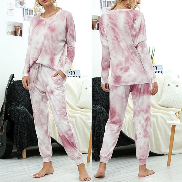 

womens tie dye 2 piece set tracksuit long sleeve o-neck t-shirt trousers set loose lady pajamas outfits lounge wear homewear, Gray