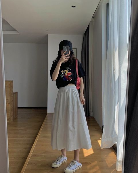 

bud skirt dress women's summer mid-length high waist slimming white stitching all-match casual a- line dress, Black