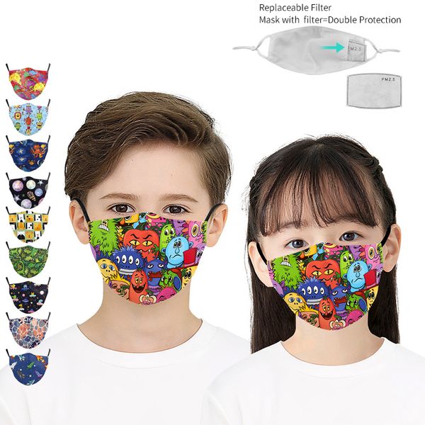 máscaras Dinossauro monstro animal print crianças designer de rosto pode ser equipado com chip de filtro para evitar a poluição atmosférica ea poeira máscara