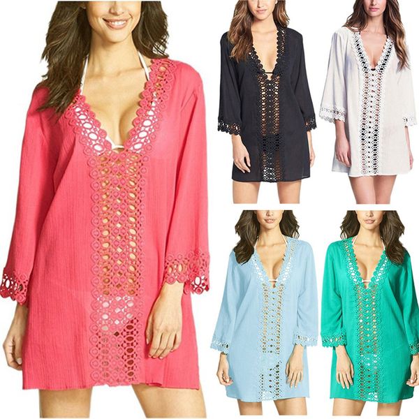 

lace crochet hollow beach blouse women's swimsuit cover up solid color loose beach cover ups, White;black