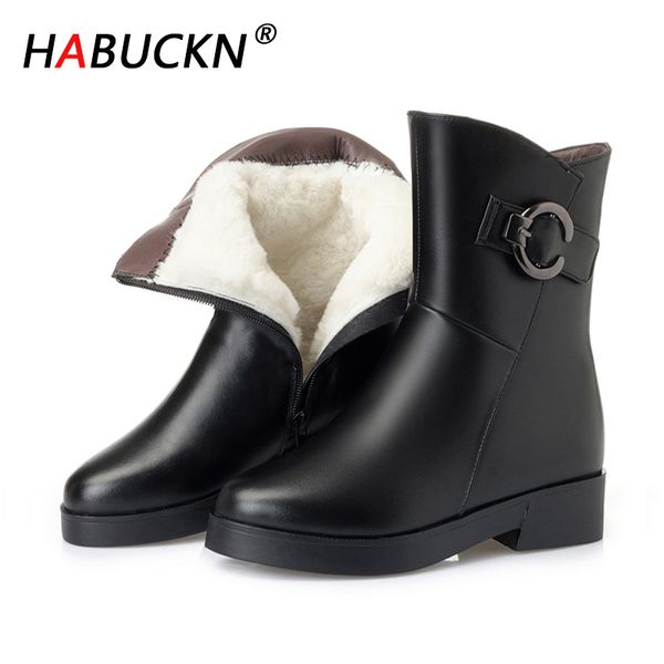 

habuckn all wool snow boots women plush platform for woman winter boots fashion zipper new genuine leather cowhide warm shoes, Black