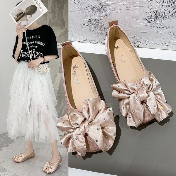 

net red crystal bow soft sole shoes women 2020 korean style fairy wind shallow mouth comfortable flat round head beans, Black;grey