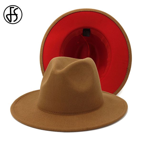 

fs outer khaki inner red patchwork wool felt jazz fedora hat women men wide brim hats panama trilby cap trend gambler hat, Blue;gray