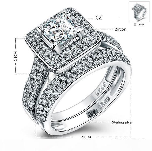 

size 5-10 luxury jewelry pure 100% 925 sterling silver princess cut white sapphire gemstones cz diamond women wedding couple ring set gift, Slivery;golden