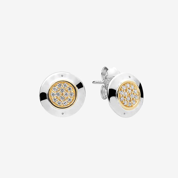 

classic gold plated sparkling stud earrings women girls summer jewelry with original box for pandora 925 sterling silver earring set, Golden;silver