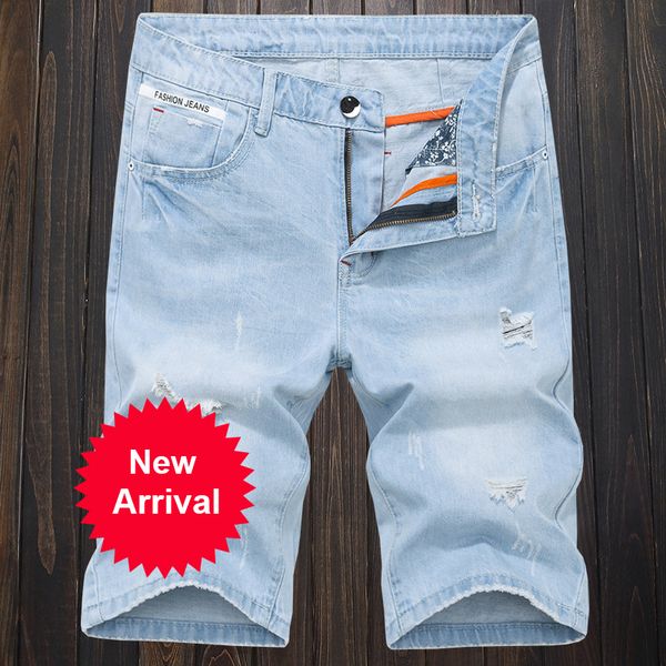 

new summer mens holes denim shorts fashion men denim jeans slim straight pants trend mens stylist pants te3ea, Blue